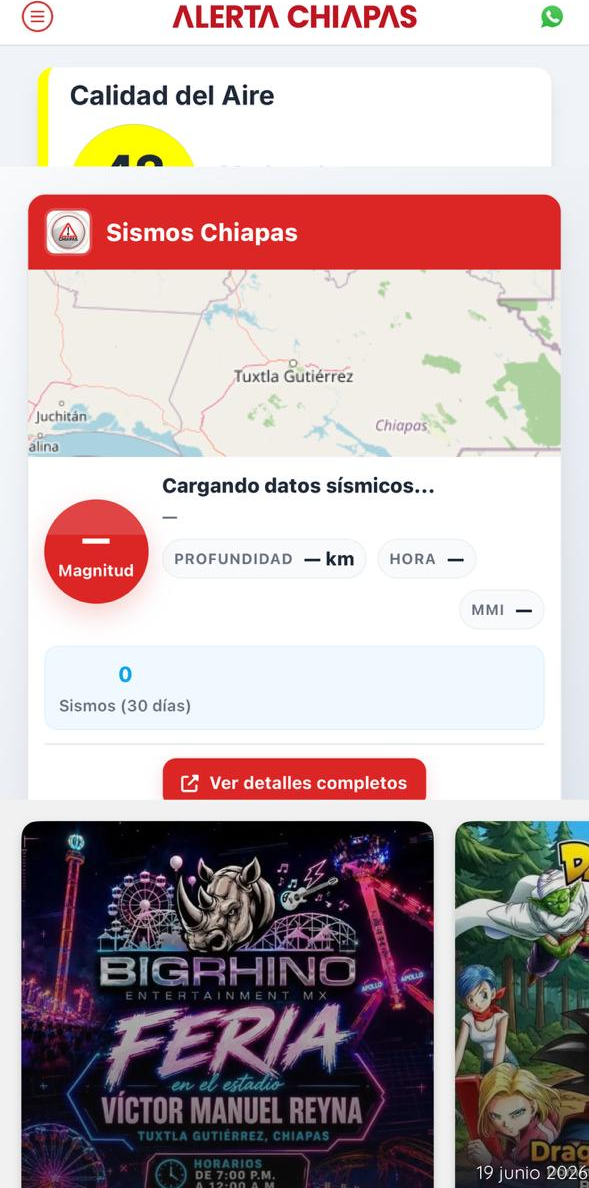 Pantalla de inicio de la app Alerta Chiapas con sismos en tiempo real y calidad del aire de Tuxtla